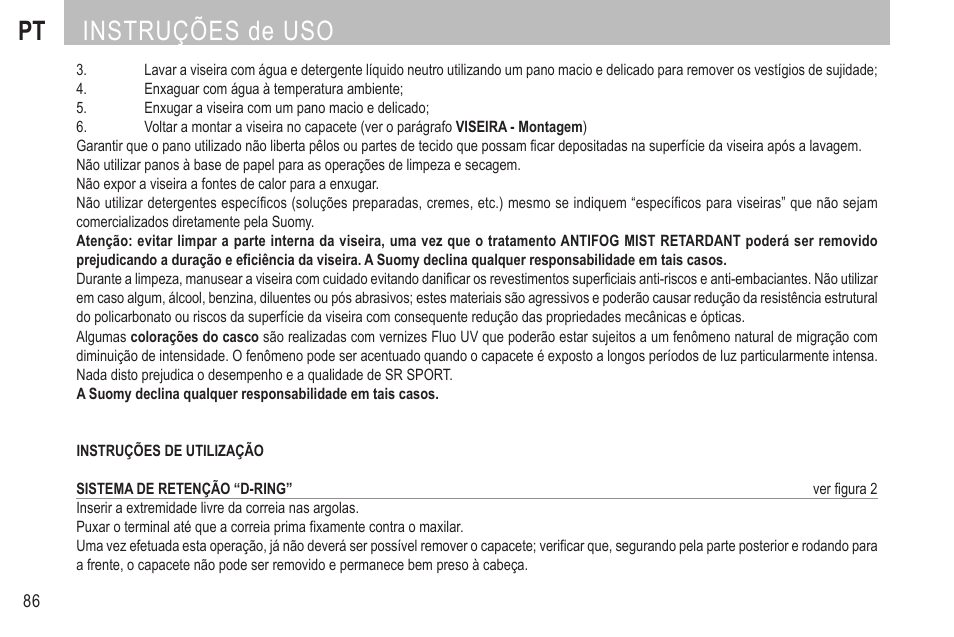 Pt instruções de uso | SUOMY SR Sport User Manual | Page 89 / 100