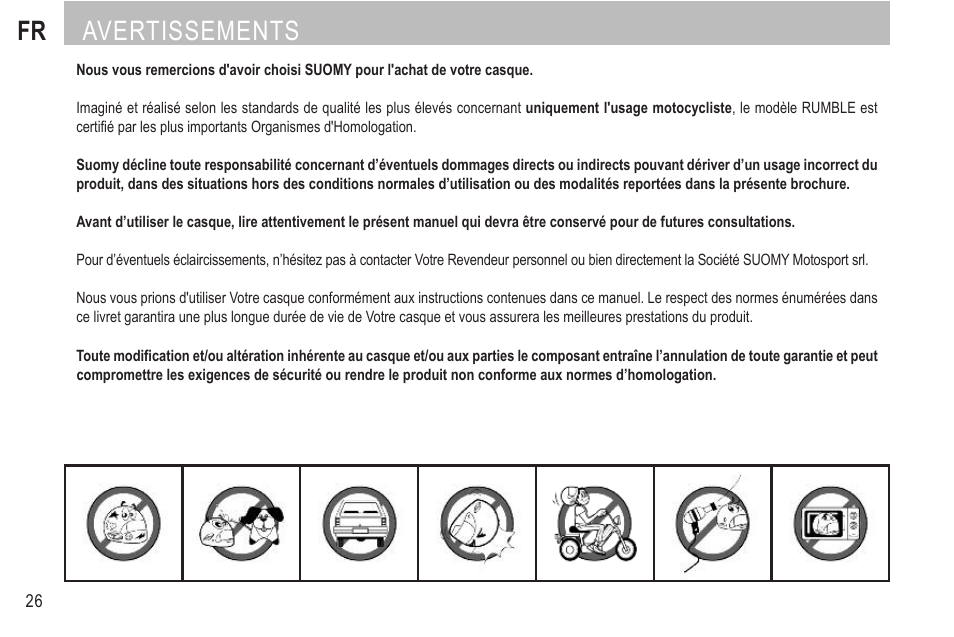 Fr avertissements | SUOMY Rumble User Manual | Page 28 / 76