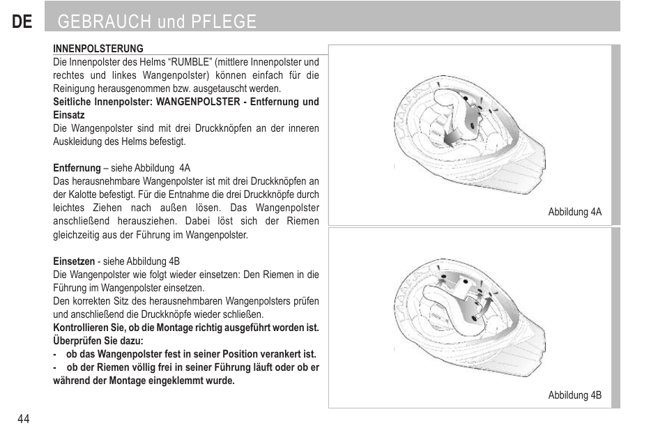 De gebrauch und pflege | SUOMY Rumble User Manual | Page 46 / 76
