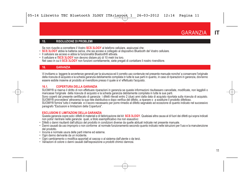 Garanzia it | SUOMY 3LOGY Bluetooth User Manual | Page 13 / 68