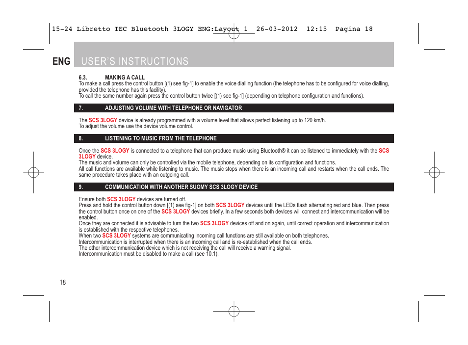 User’s instructions | SUOMY 3LOGY Bluetooth User Manual | Page 20 / 68