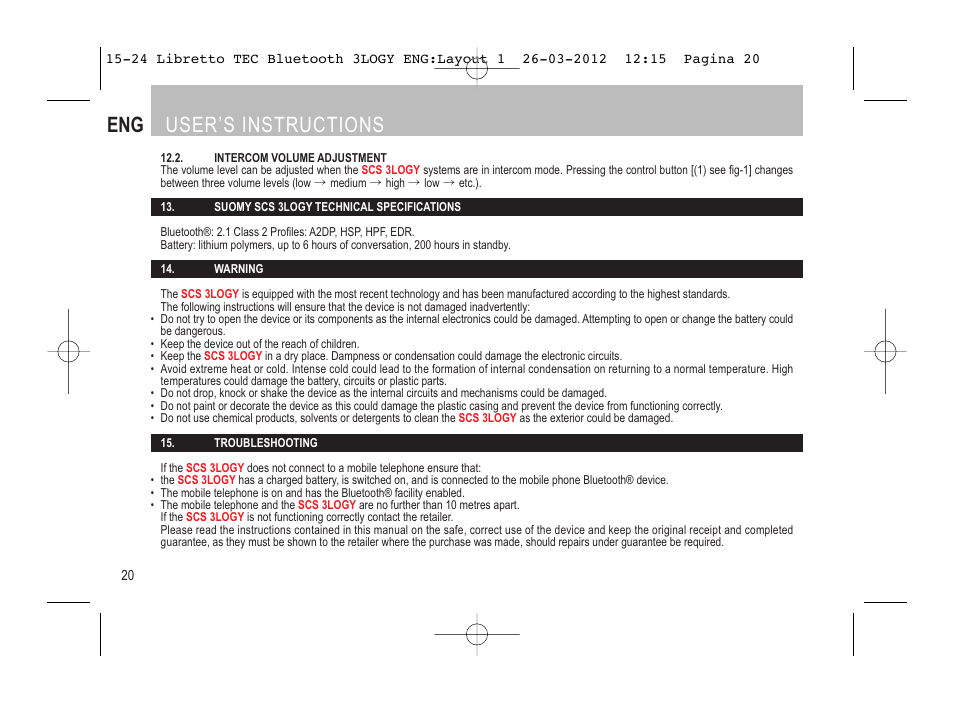 Eng user’s instructions | SUOMY 3LOGY Bluetooth User Manual | Page 22 / 68