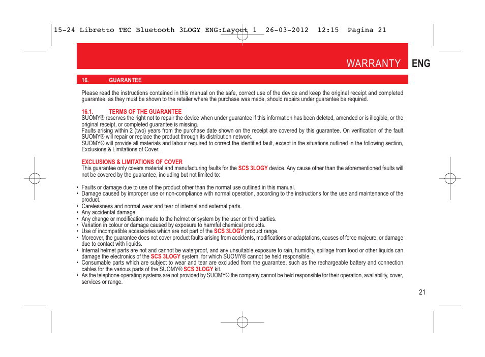 Warranty eng | SUOMY 3LOGY Bluetooth User Manual | Page 23 / 68