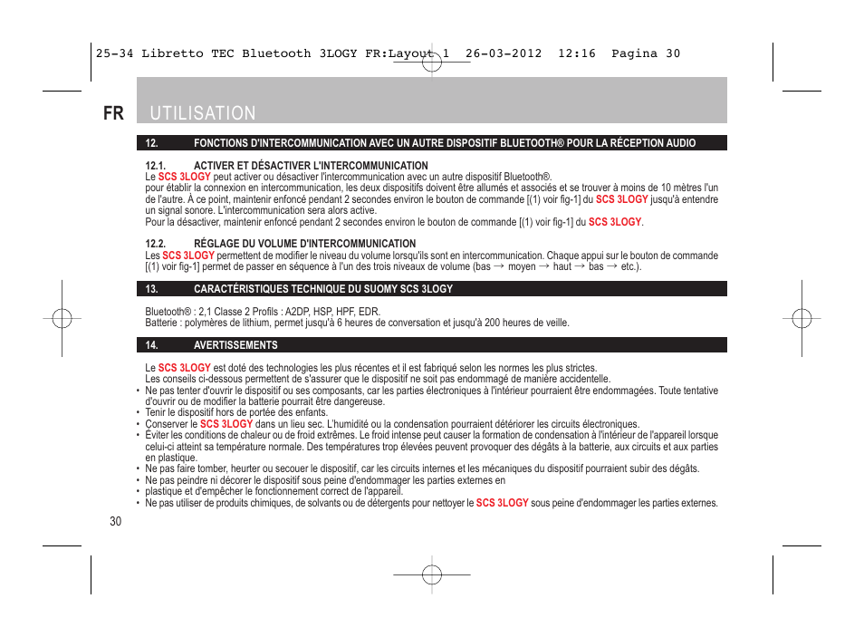 Fr utilisation | SUOMY 3LOGY Bluetooth User Manual | Page 32 / 68