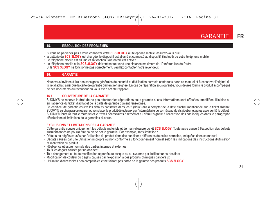 Garantie fr | SUOMY 3LOGY Bluetooth User Manual | Page 33 / 68
