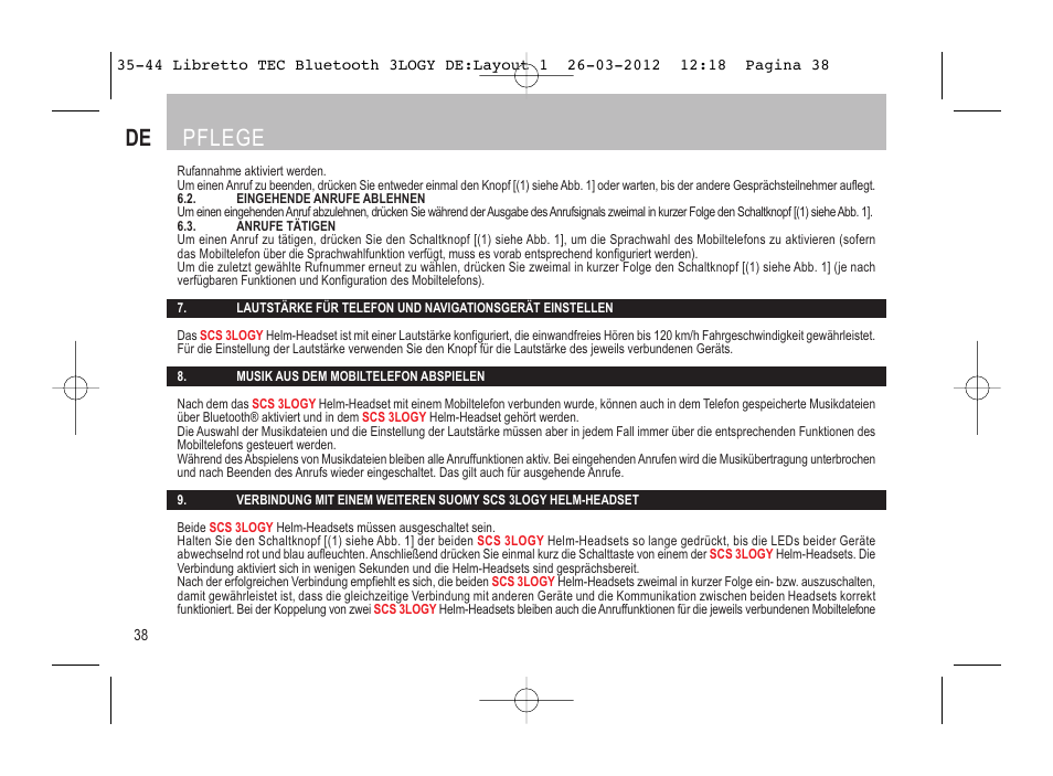 Pflege | SUOMY 3LOGY Bluetooth User Manual | Page 40 / 68