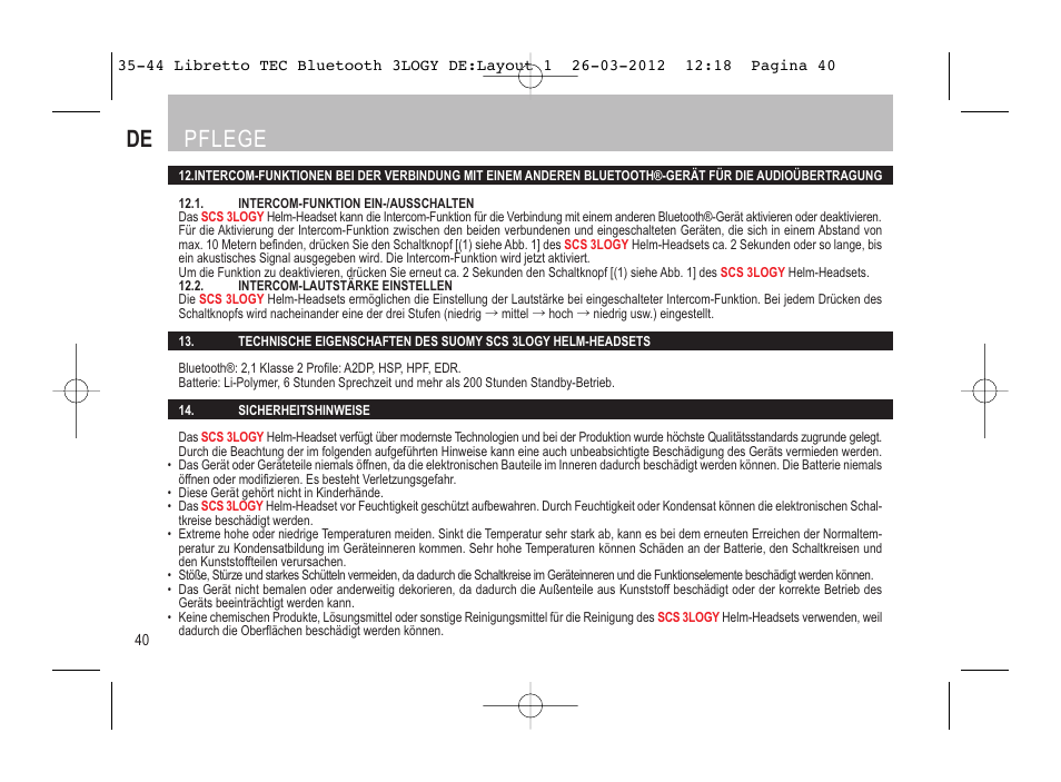 De pflege | SUOMY 3LOGY Bluetooth User Manual | Page 42 / 68