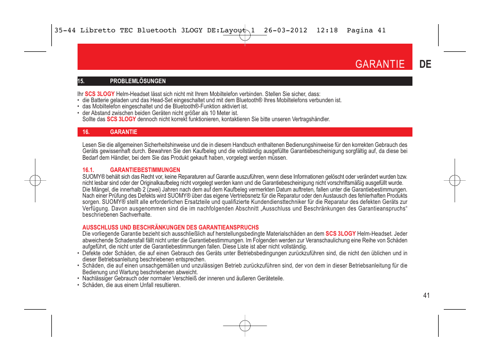 Garantie de | SUOMY 3LOGY Bluetooth User Manual | Page 43 / 68
