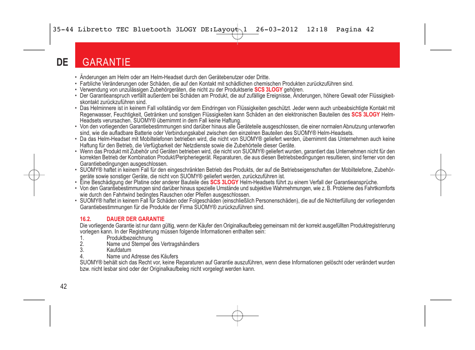 De garantie | SUOMY 3LOGY Bluetooth User Manual | Page 44 / 68