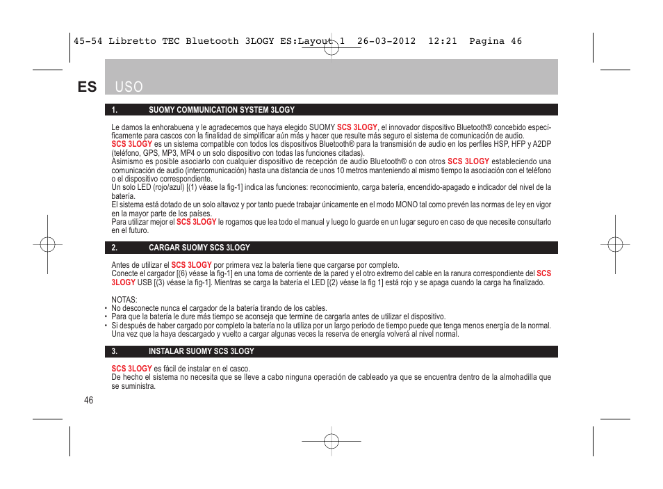 Es uso | SUOMY 3LOGY Bluetooth User Manual | Page 48 / 68