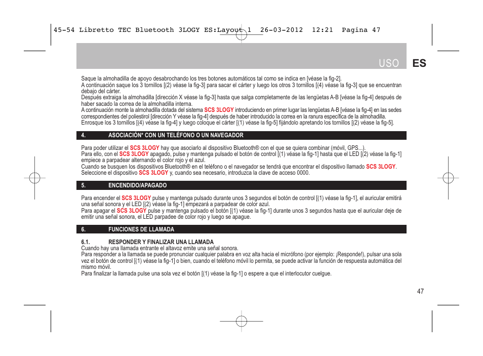 Uso es | SUOMY 3LOGY Bluetooth User Manual | Page 49 / 68