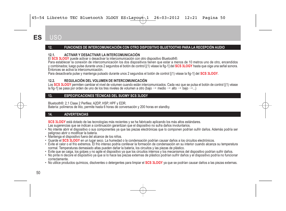 Es uso | SUOMY 3LOGY Bluetooth User Manual | Page 52 / 68