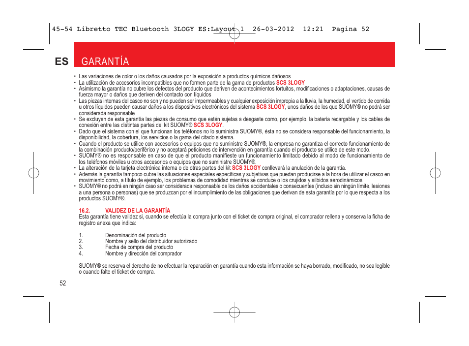 Es garantía | SUOMY 3LOGY Bluetooth User Manual | Page 54 / 68