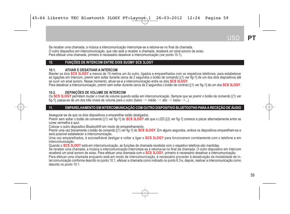 Uso pt | SUOMY 3LOGY Bluetooth User Manual | Page 61 / 68