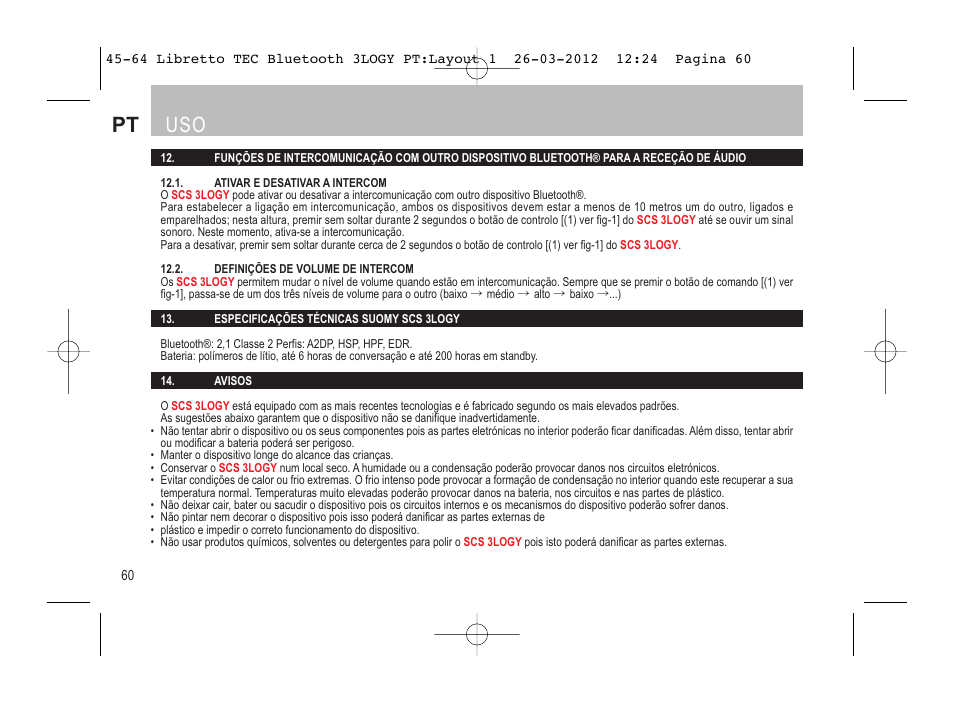 Pt uso | SUOMY 3LOGY Bluetooth User Manual | Page 62 / 68