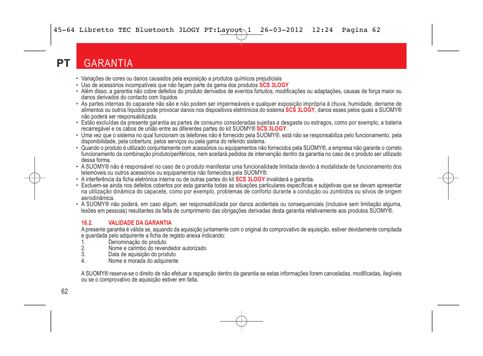 Pt garantia | SUOMY 3LOGY Bluetooth User Manual | Page 64 / 68
