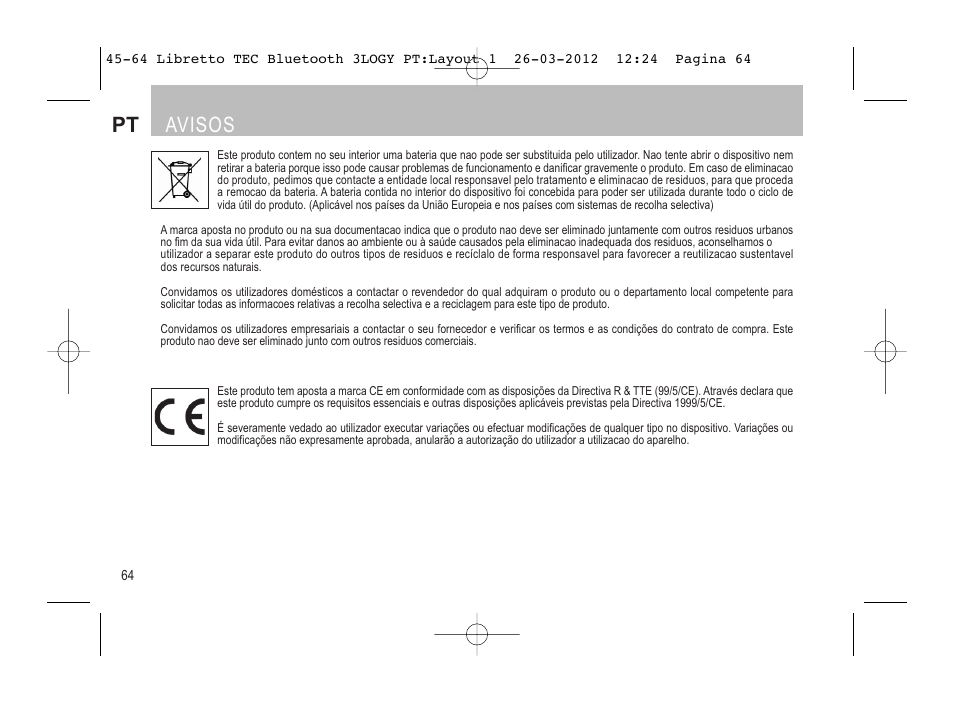 Avisos pt | SUOMY 3LOGY Bluetooth User Manual | Page 66 / 68