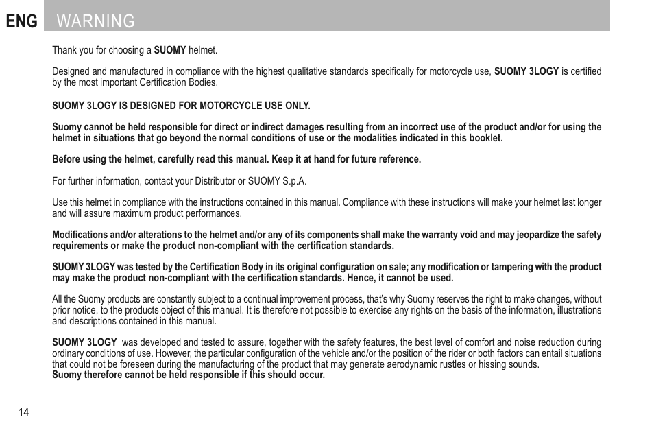 English, Eng warning | SUOMY 3LOGY Helmet User Manual | Page 16 / 68