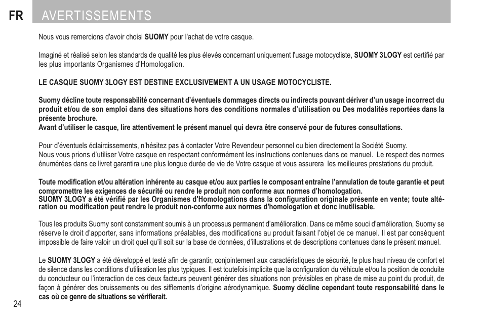 Français, Fr avertissements | SUOMY 3LOGY Helmet User Manual | Page 26 / 68