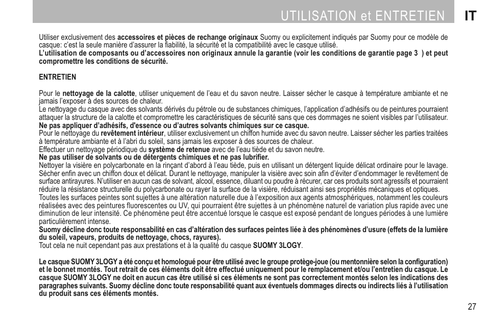 Utilisation et entretien it | SUOMY 3LOGY Helmet User Manual | Page 29 / 68
