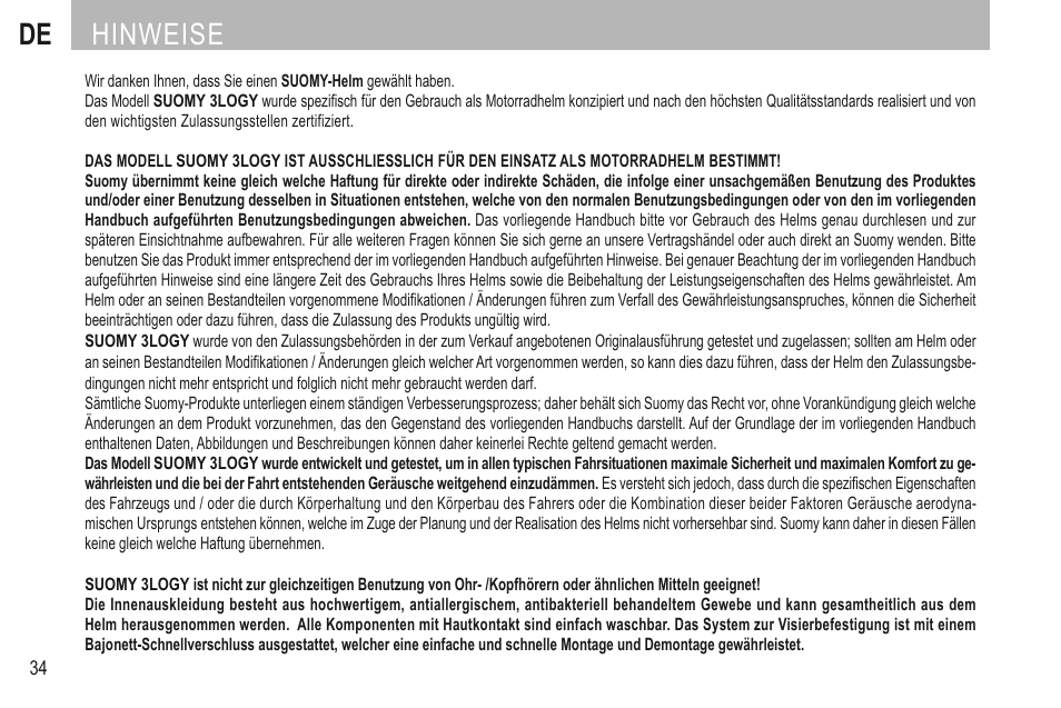 Deutsch, De hinweise | SUOMY 3LOGY Helmet User Manual | Page 36 / 68