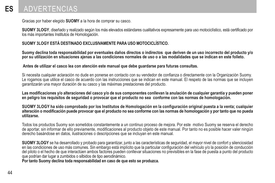 Español, Es advertencias | SUOMY 3LOGY Helmet User Manual | Page 46 / 68