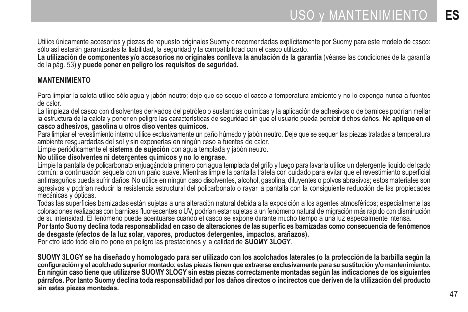 Uso y mantenimiento es | SUOMY 3LOGY Helmet User Manual | Page 49 / 68