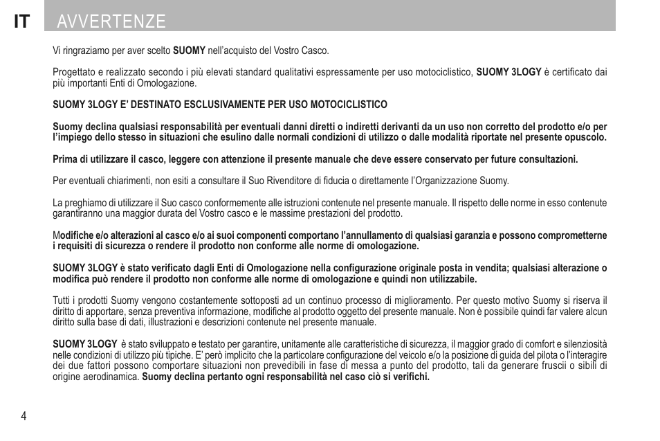 Italiano, It avvertenze | SUOMY 3LOGY Helmet User Manual | Page 6 / 68