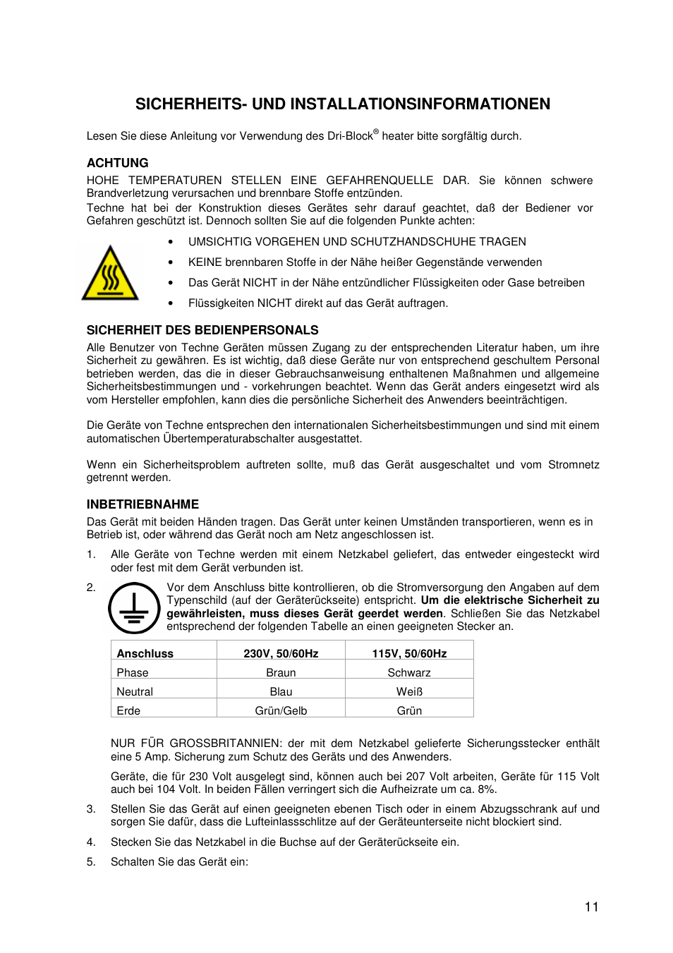Sicherheits- und installationsinformationen | Techne DB200-3 User Manual | Page 11 / 30