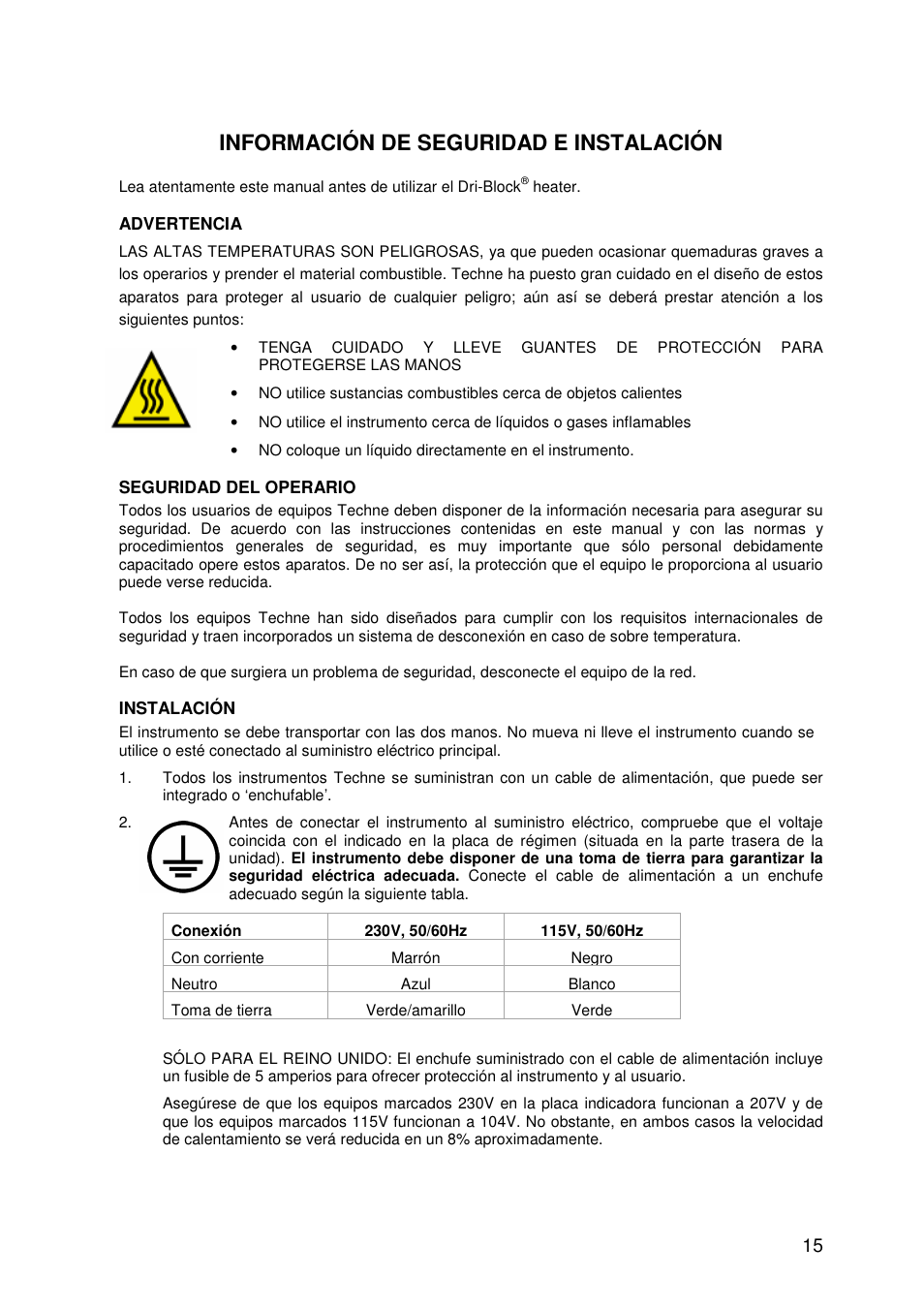 Información de seguridad e instalación | Techne DB200-3 User Manual | Page 15 / 30