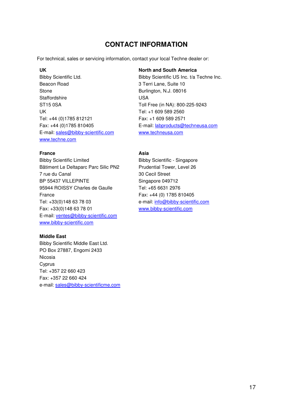 Contact information | Techne HB-1D User Manual | Page 17 / 31