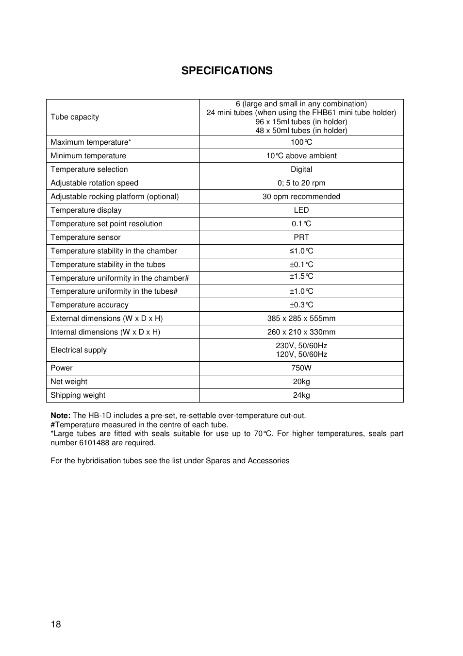 Specifications | Techne HB-1D User Manual | Page 18 / 31
