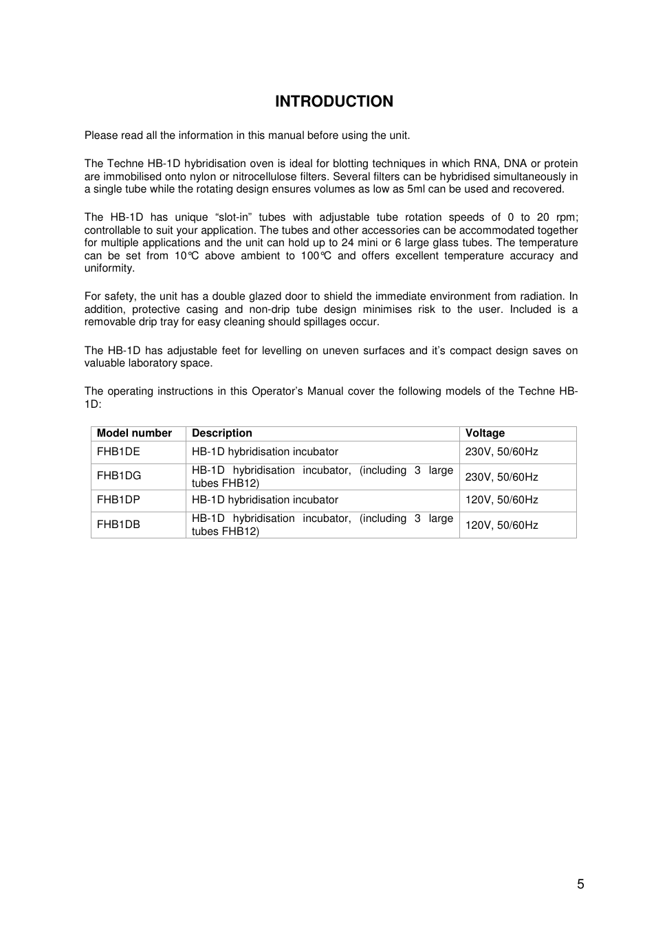 Introduction | Techne HB-1D User Manual | Page 5 / 31