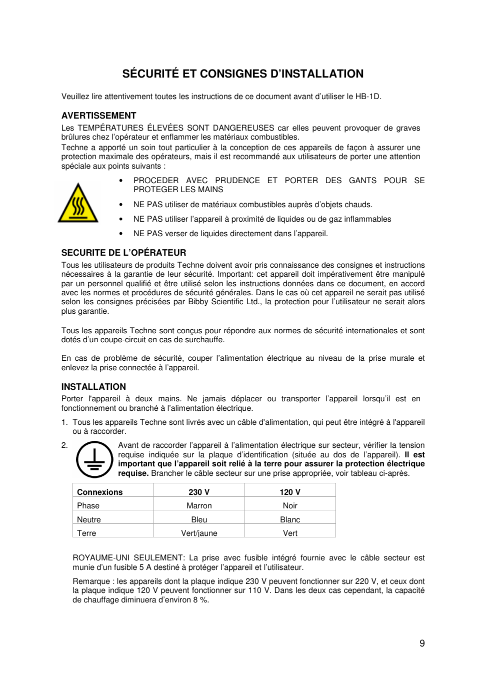 Sécurité et consignes d’installation | Techne HB-1D User Manual | Page 9 / 31