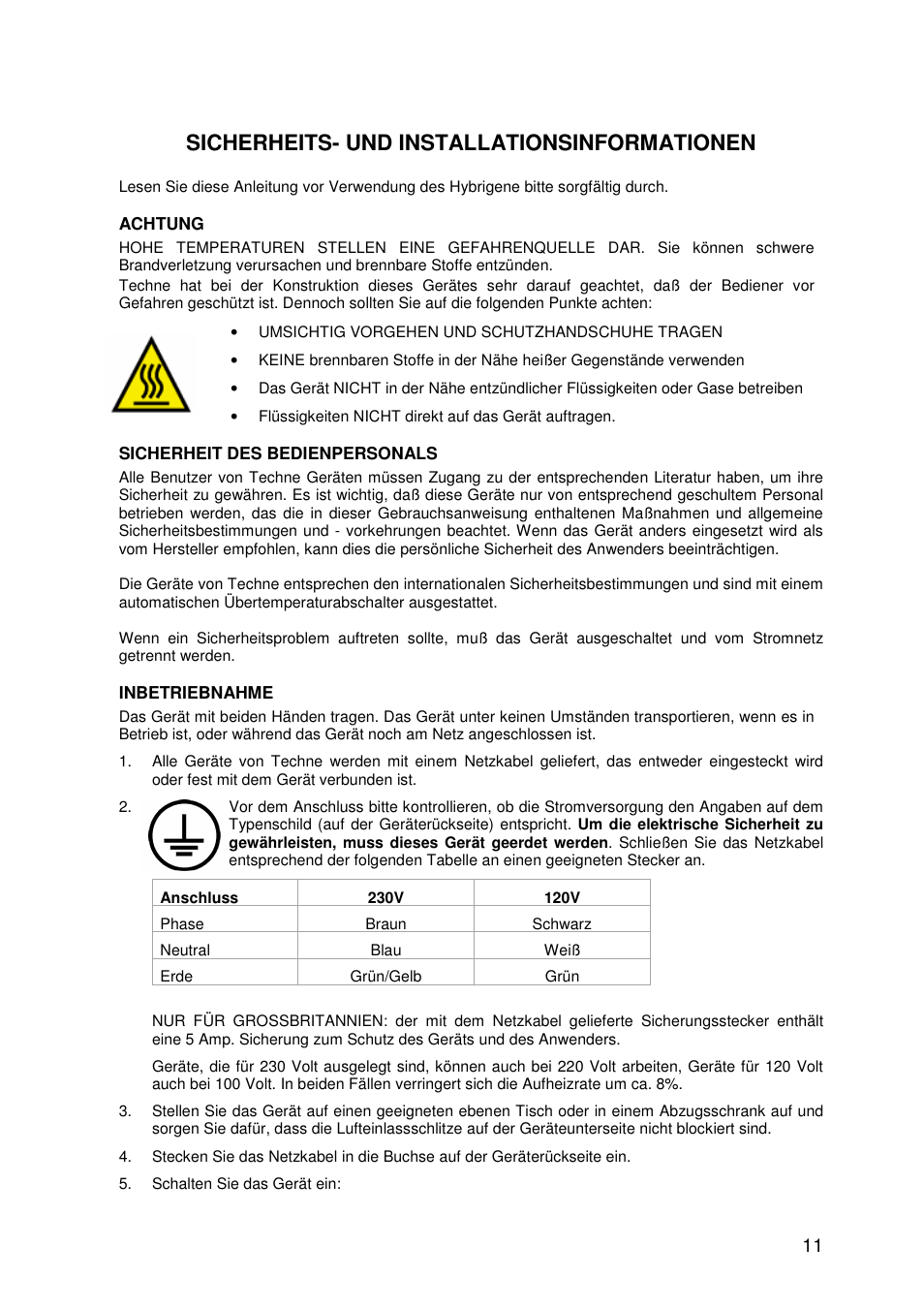 Sicherheits- und installationsinformationen | Techne Hybrigene User Manual | Page 11 / 29
