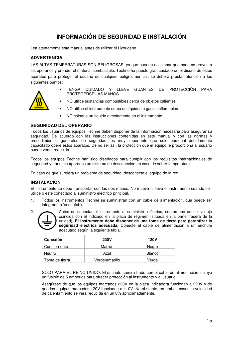 Información de seguridad e instalación | Techne Hybrigene User Manual | Page 15 / 29