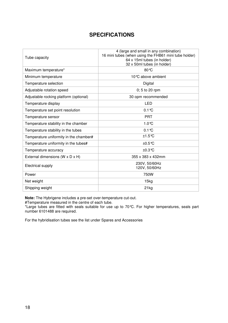 Specifications | Techne Hybrigene User Manual | Page 18 / 29