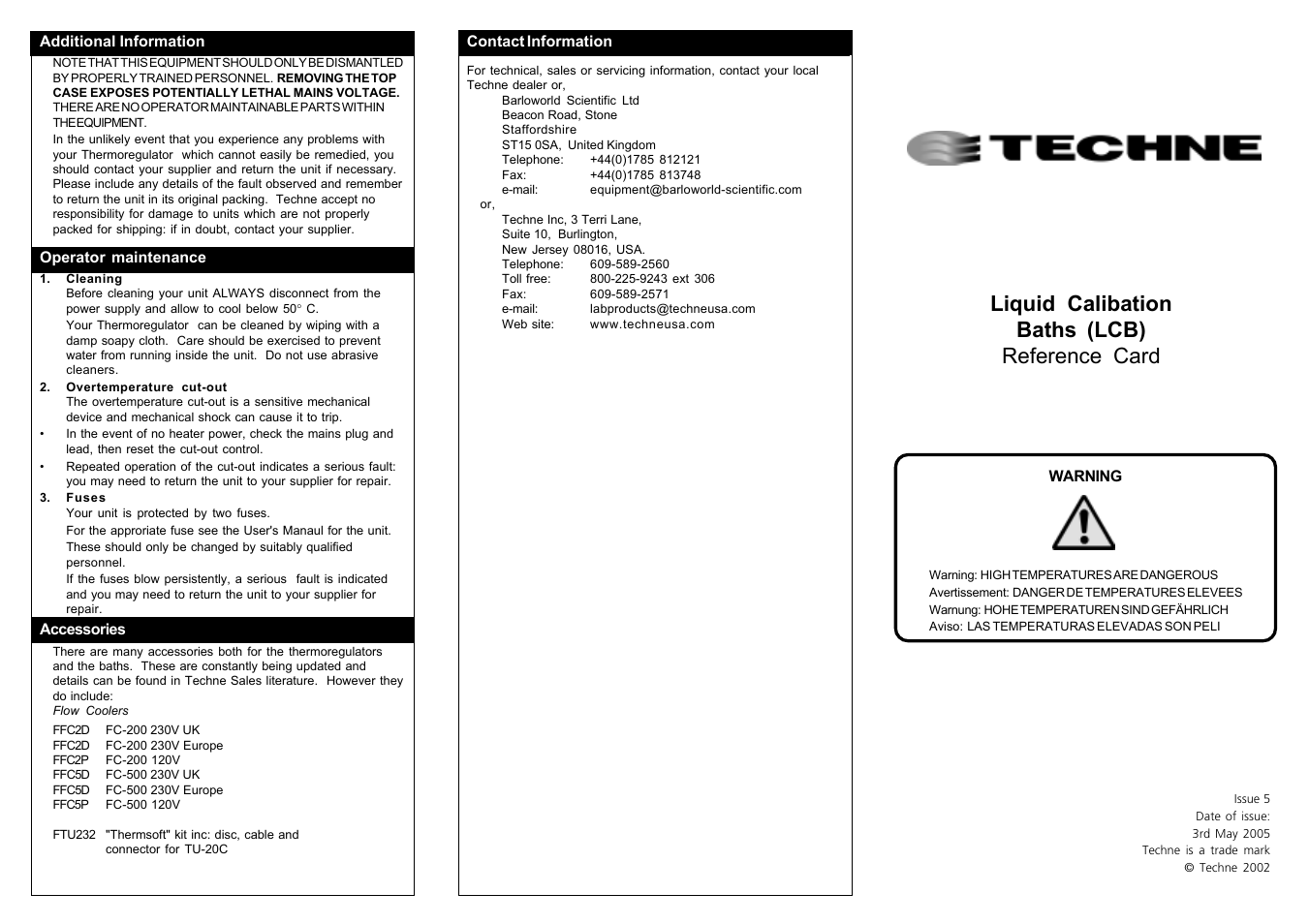Liquid calibation baths (lcb) reference card | Techne Liquid Calibration Bath User Manual | Page 2 / 2