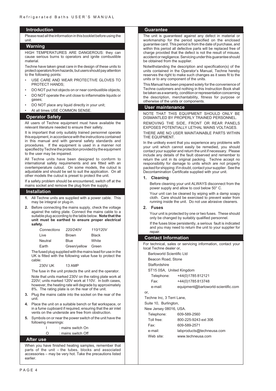 Introduction, Warning, Operator safety | Installation, After use, Guarantee, User maintenance, Contact information | Techne RB-22A User Manual | Page 6 / 18