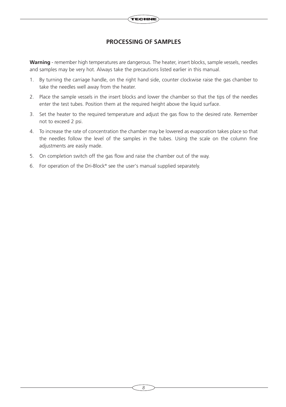 Processing of samples | Techne Sample Concentrator User Manual | Page 10 / 16