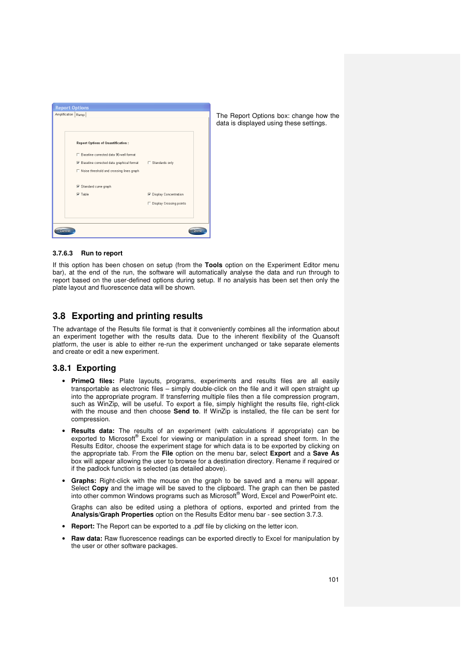 8 exporting and printing results, 1 exporting | Techne PrimeQ User Manual | Page 101 / 181