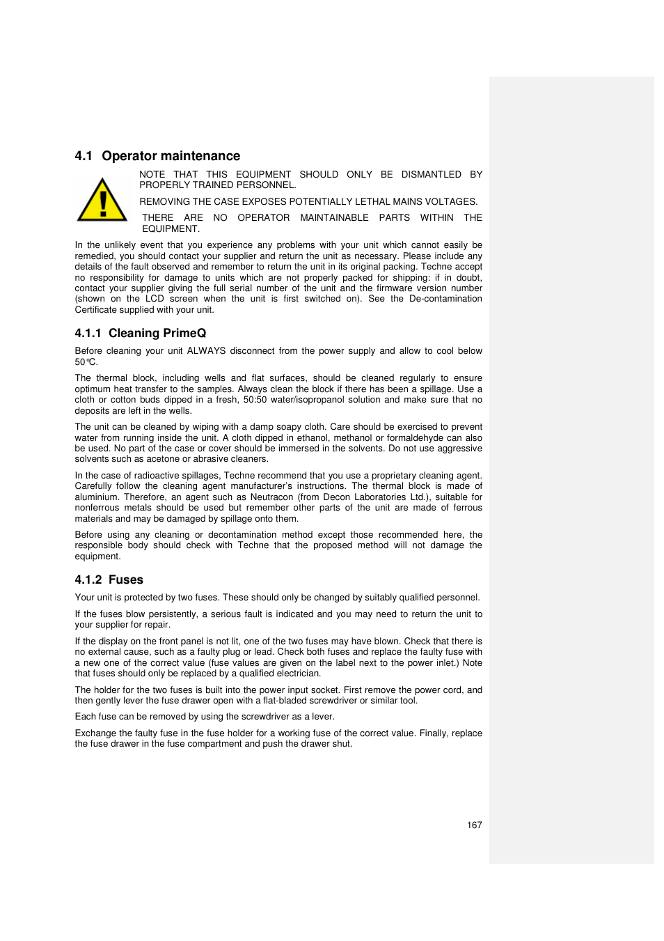 1 operator maintenance | Techne PrimeQ User Manual | Page 167 / 181
