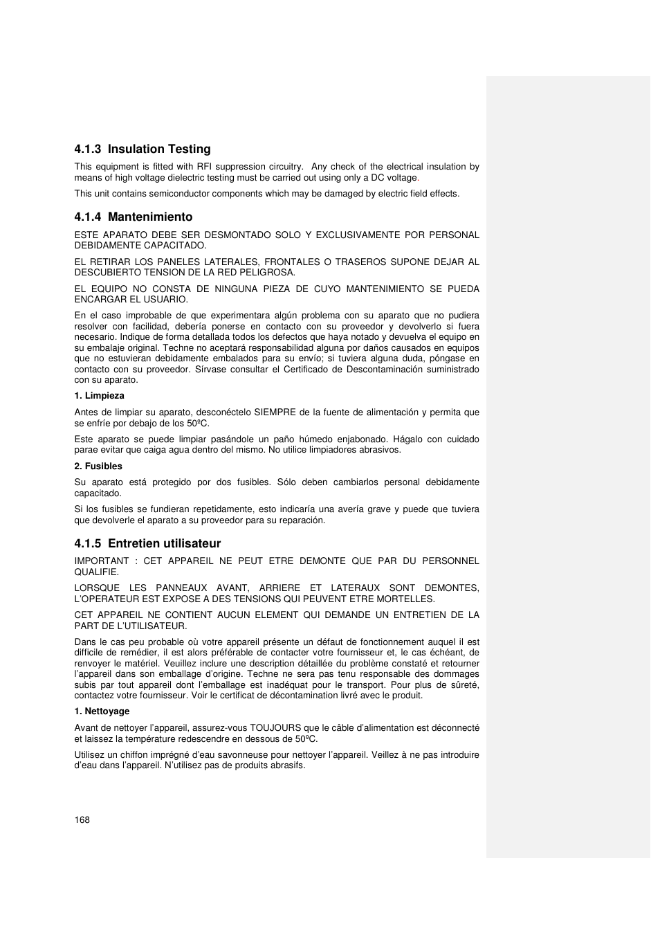 3 insulation testing, 4 mantenimiento, 5 entretien utilisateur | Techne PrimeQ User Manual | Page 168 / 181