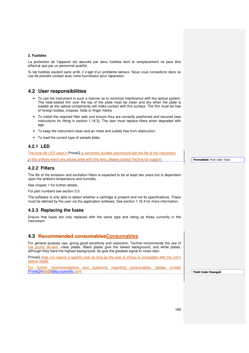 2 user responsibilities, 3 recommended consumablesconsumables, 1 led | 2 filters, 3 replacing the fuses | Techne PrimeQ User Manual | Page 169 / 181