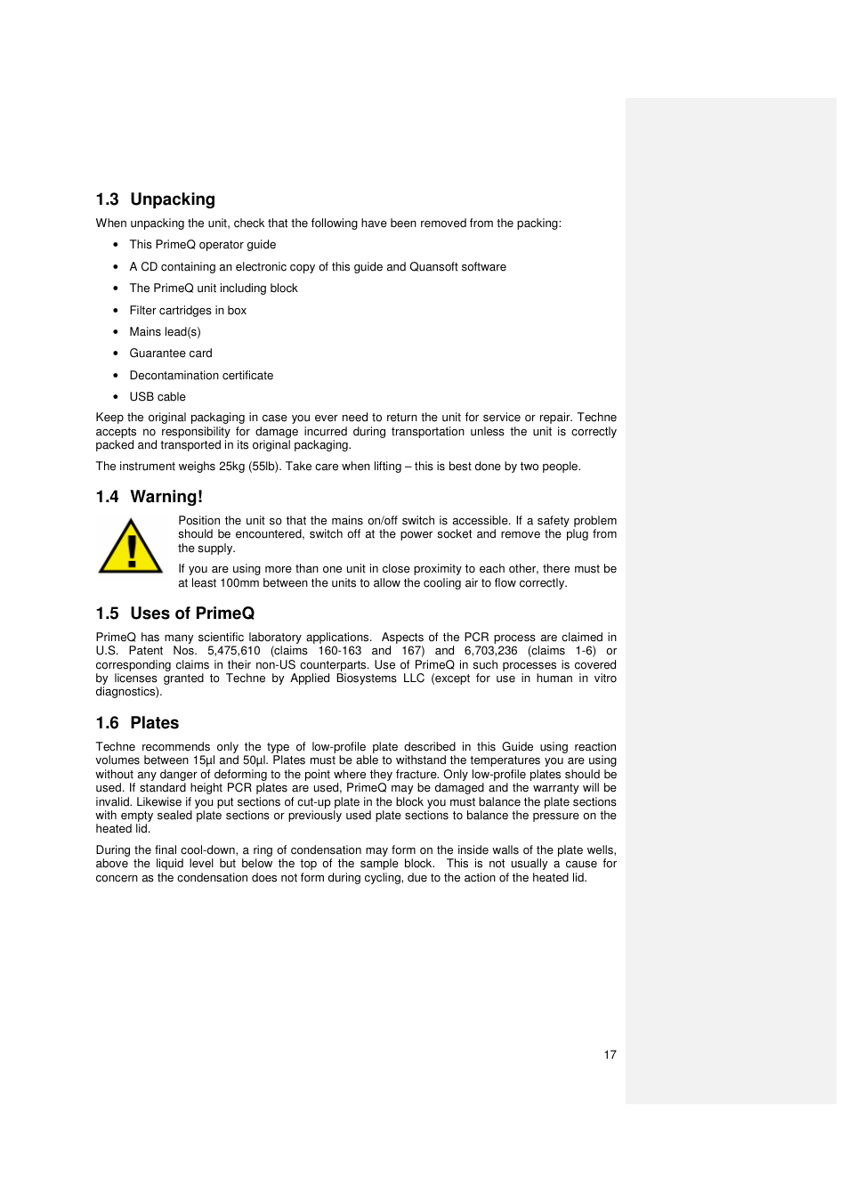 3 unpacking, 4 warning, 5 uses of primeq | 6 plates | Techne PrimeQ User Manual | Page 17 / 181