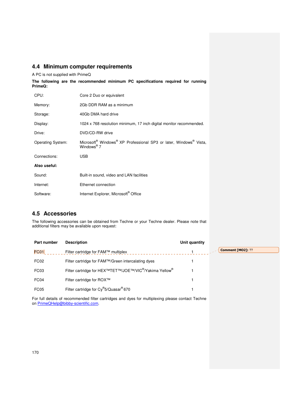 4 minimum computer requirements, 5 accessories | Techne PrimeQ User Manual | Page 170 / 181