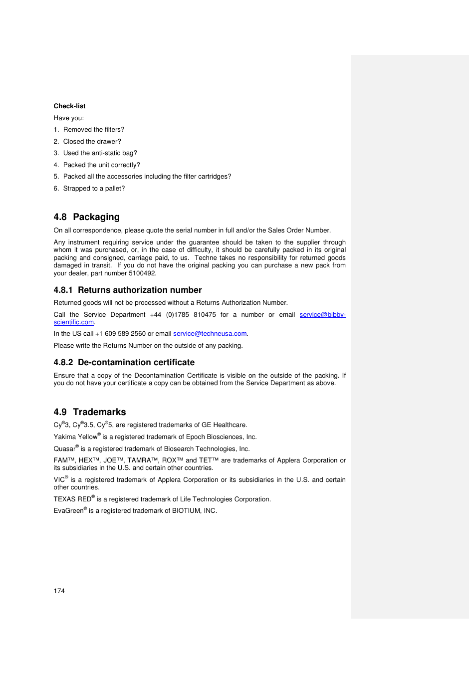 8 packaging, 9 trademarks, 1 returns authorization number | 2 de-contamination certificate | Techne PrimeQ User Manual | Page 174 / 181