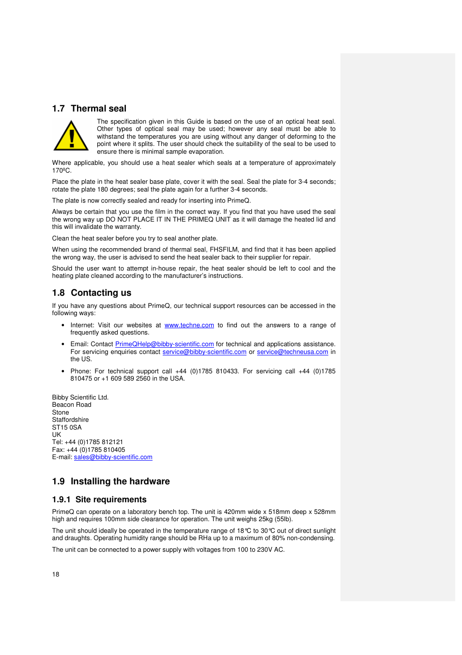 7 thermal seal, 8 contacting us, 9 installing the hardware | 1 site requirements | Techne PrimeQ User Manual | Page 18 / 181