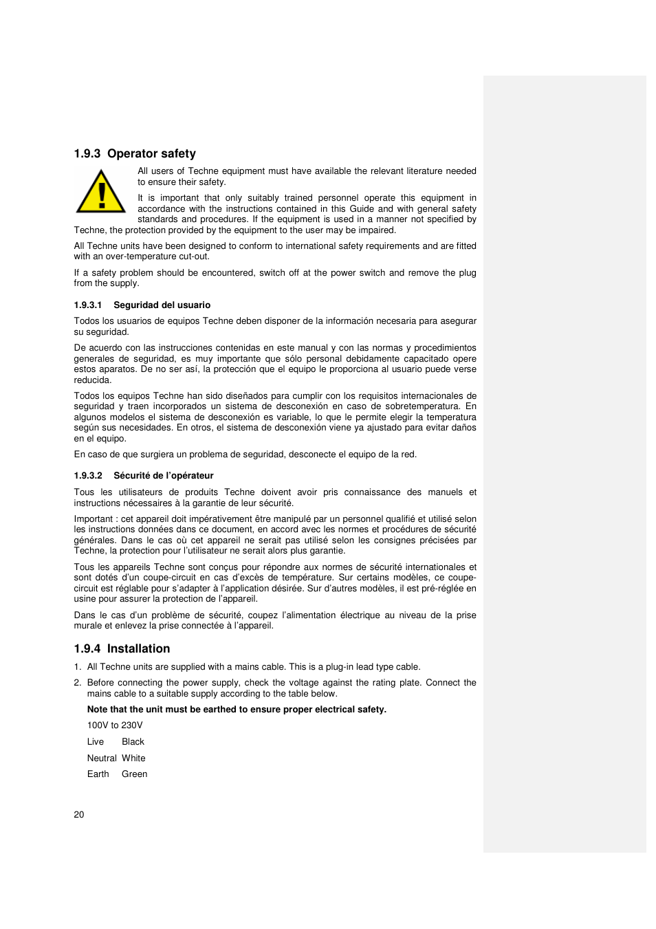 3 operator safety, 4 installation | Techne PrimeQ User Manual | Page 20 / 181