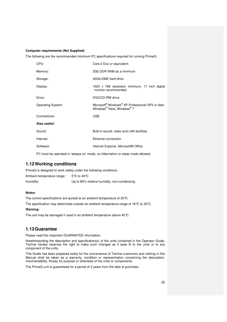12 working conditions, 13 guarantee | Techne PrimeQ User Manual | Page 25 / 181